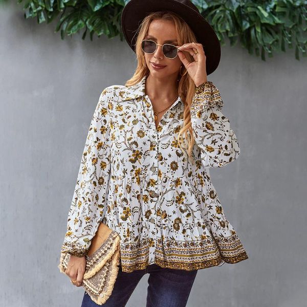 

women's t-shirt floral vintage blouses autumn harajuku plus size women blouse v-neck long sleeve chains print loose casual shirts, White