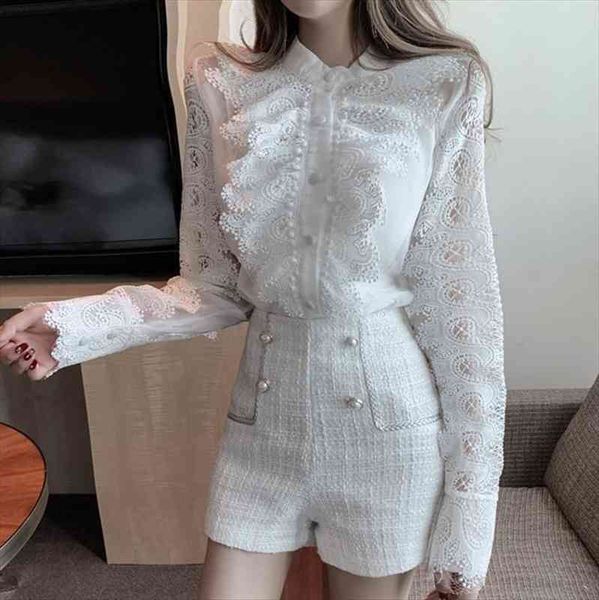 

spring lace stitching super fairy shirt small fragrance wind shorts female two-piece suit, Gray