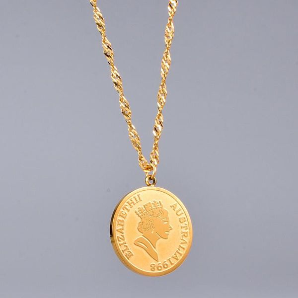 Colares de pingentes de colar de moeda de aço de titânio de alta qualidade para mulheres jóias redondas da corrente de ouro