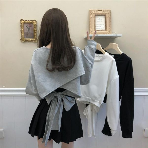 

women's hoodies & sweatshirts 3 colors women round neck long sleeve sweatshirt korean back hollow bandage female casual coat, Black