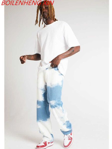 

2021 dropshipping men casual loose straight denim pants tie dye print sky blue long trouser straight jeans x0621