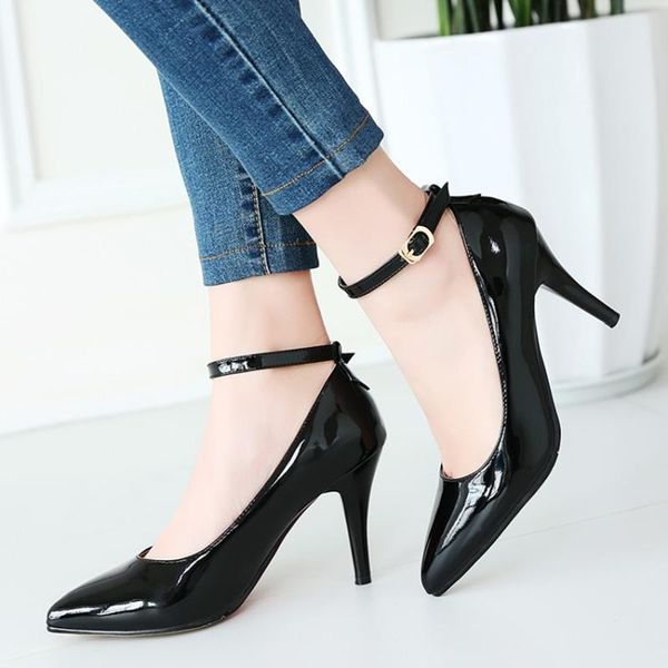 

dress shoes women casual ankle straps thin high heels red nude party wedding woman plus size 43 44 pumps heeled slingback, Black