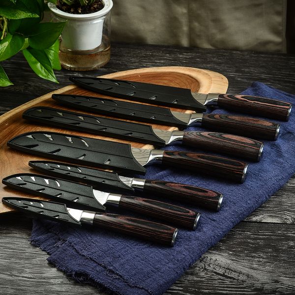 

xyj 7pcs kitchen stainess stee knives set damascus pattern bade knife sheath cover chef bread sicing santoku utiity knife