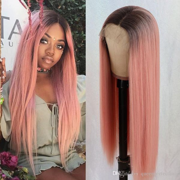 

pink color wig long hair heat resistant middle part glueless silky straight lace front wigs dark roots synthetic wigs for black women, Black;brown