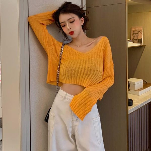 

thin pullovers sunscreen long sleeve v-neck knitted sweaters fashion brand korean style women's clothing summer fall crop top, White;black