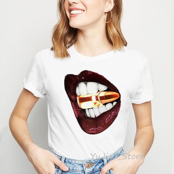 

lipstick lips print vogue women funny harajuku summer tee streetwear, White