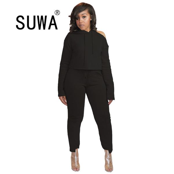 

solid color off shoulder sweatshirt hoodies and baggy pants trousers casual chic two piece outfits women loose bf style sets 210525, White