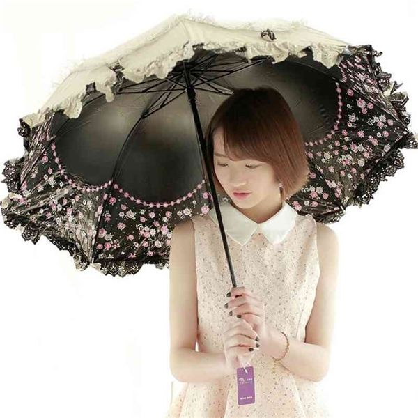 Ombrello da sole in pizzo Pioggia Donna Protezione solare Coreano Tre pieghevoli UV Trasparente Principessa Antivento Decorazione Ombrello Regalo SY259 210721
