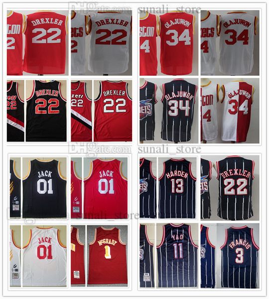 1993-94 Retro Erkekler Hakeem Olajuwon 34 Clyde Drexler 22 Basketbol Formaları 2004-05 Tracy 1 McGrady Kaktüs 01 Jack Gömlek 02-03 Yao Ming 11 Mesh Donanma Şerit Kırmızı Beyaz