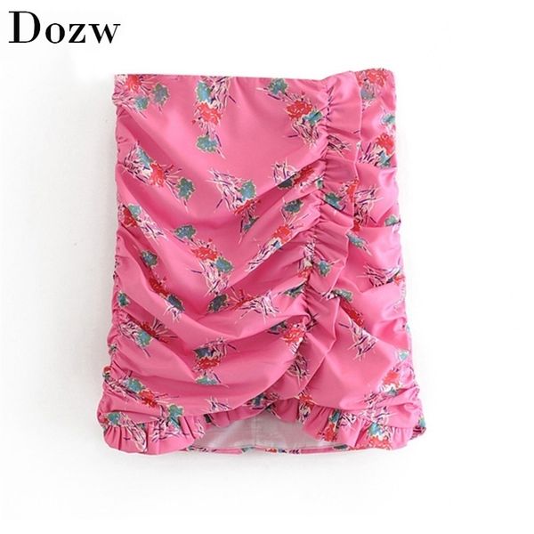 

summer women chic floral print mini skirts high waist sweet ruffled skirt fashion back zipper ladies pleated 210515, Black