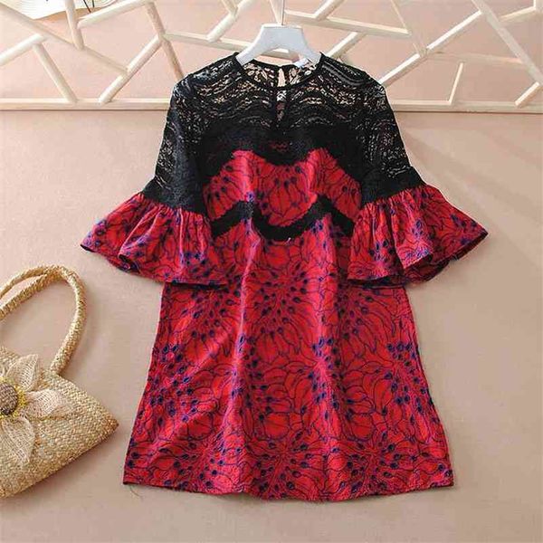 

vanovich dress female lace stitching summer hollow embroidery cotton flare sleeve round neck fashion women clothing 210615, Black;gray