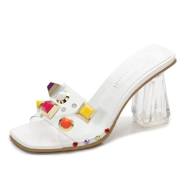 

slippers high heel women rivet transparent fashion shoes crystal 8cm thick heels large size, Black