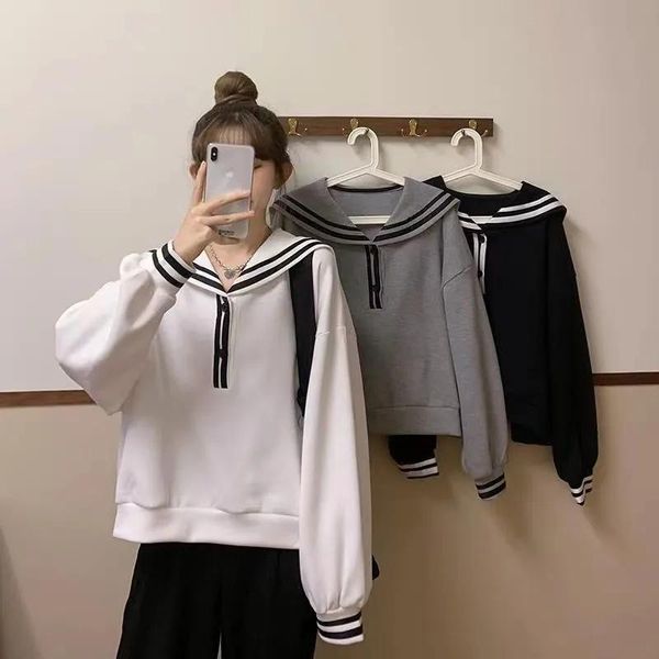 

women's hoodies & sweatshirts navy collar white gray black loose sweater autumn fashion college style all-match hood hoodie long-sleeve