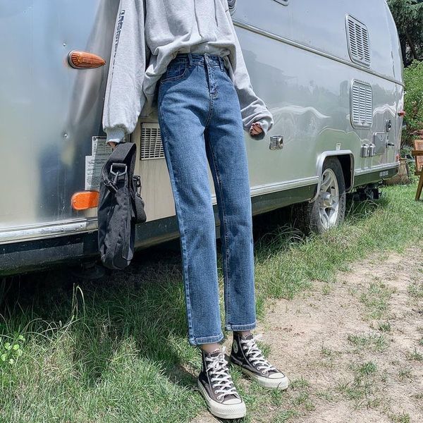 

vintage straight leg high waist jeans women's classic ankle-length pants spring and autumn plus size fashion trousers, Blue