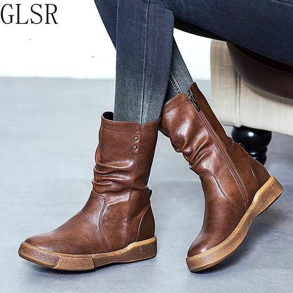 

boots glsr mid calf plus size 35-43 zapatos mujer zipper leather shoes woman military flat heel motorcycle winter boot, Black