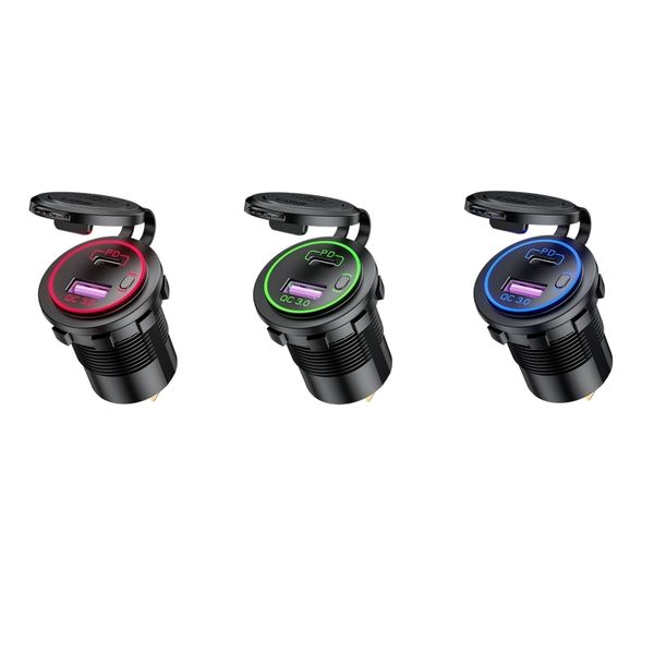 

12v 24v qc3.0 usb type c pd fast car charger with power switch for motorcycle marine boat suv atv cellphone tablet gps