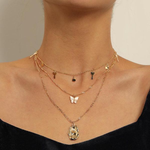

pendant necklaces alloy key lock pendants necklace for women butterfly imitation pearl layered female 2021 fashion jewelry simple, Silver