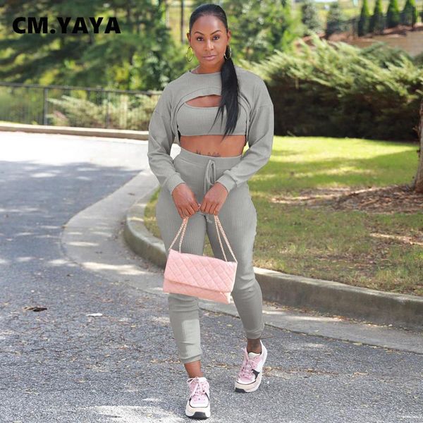 

women's two piece pants cm.yaya spring winter ribbed tracksuit long sleeve crop +vest and matching 2 set outftis sweatsuit, White