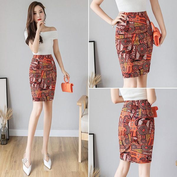 

plus size ladies skirt fashion print large package hip temperament wild elastic women skirts, Black