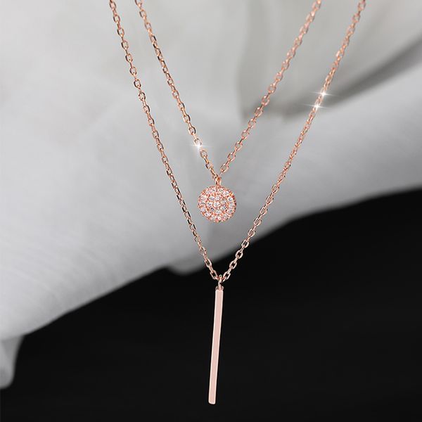 

fashion stainless steel double layer necklace round shiny full zircon long pendant necklaces gift for girl fine accessories, Silver
