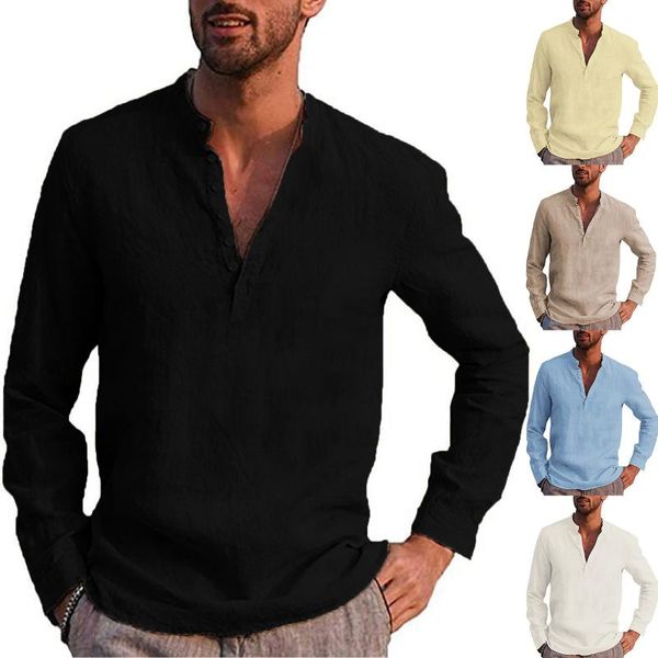 

men's casual shirts 2021 summer cotton linen shirt men fashion solid long sleeve turn-down collar blusa stretwears, White;black
