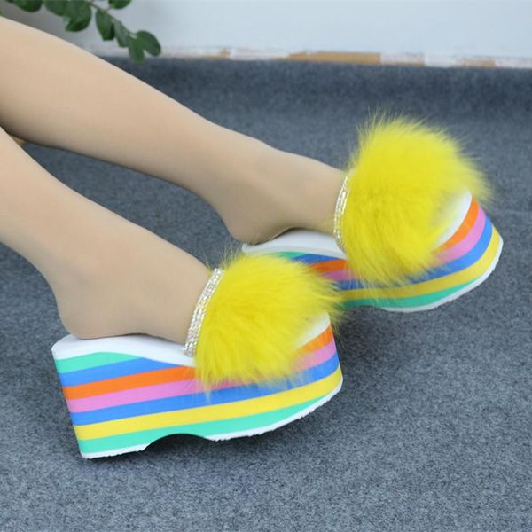 

slippers women's winter plush diamond fur high heel sandals woman slides fluffy fury shoes female flip flops, Black