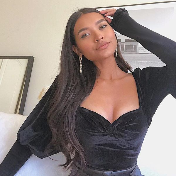 

women's jumpsuits & rompers dayifun long sleeve square collar pleated velvet puff bodysuit for women black bodysuits l0329, Black;white