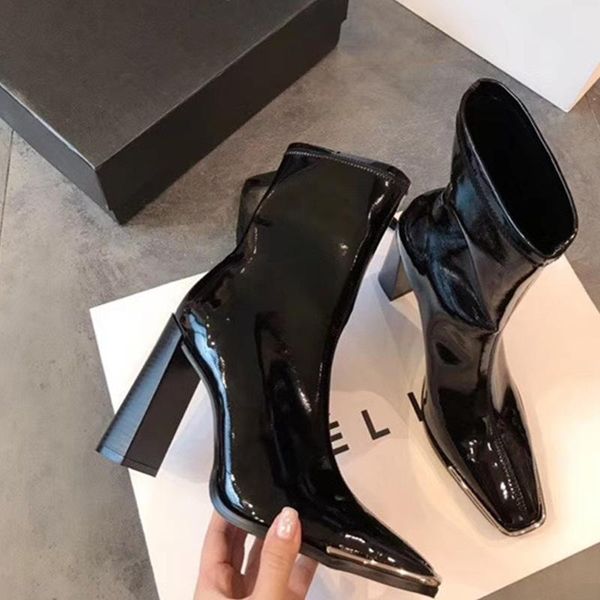 

boots women fashion patent leather women's in autumn and winter 2021 square head black thick heel short