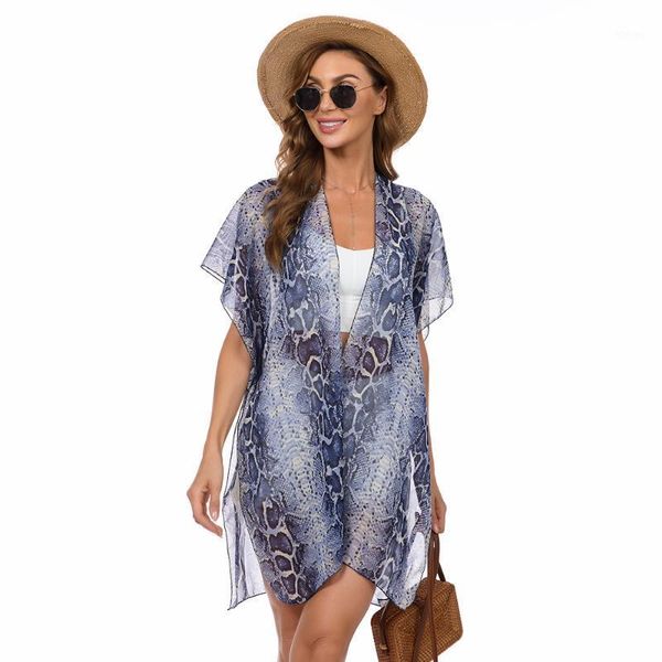 

fashion women summer cardigan snake pattern batwing sleeve chiffon bikini cover up elegant beach wear shawls women's swimwear, White;black