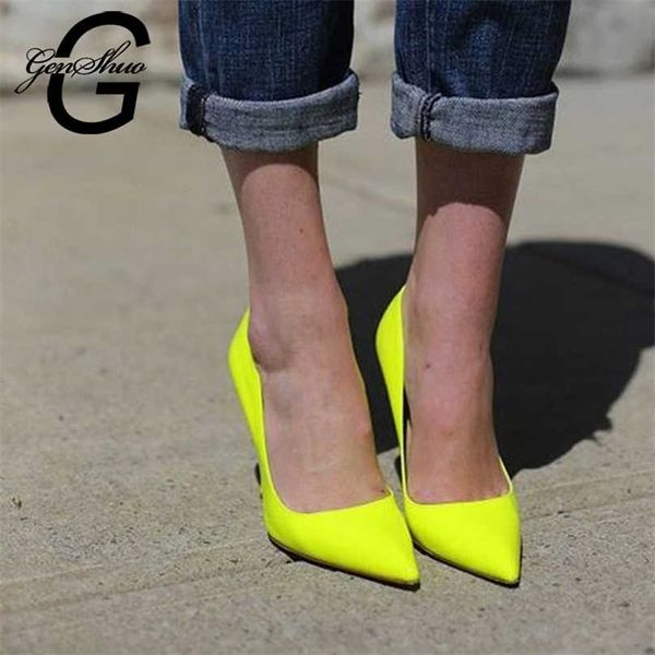 GENSHUO Scarpe di marca 10 12CM Décolleté con tacco a spillo Giallo neon Sexy Party High Big Size 10 11 12 211029