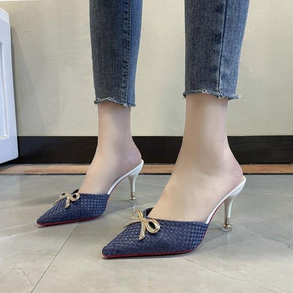 

shoes thin heels pu cover toe ladies' slippers luxury slides slipers women shallow high heeled mules pointed designer, Black
