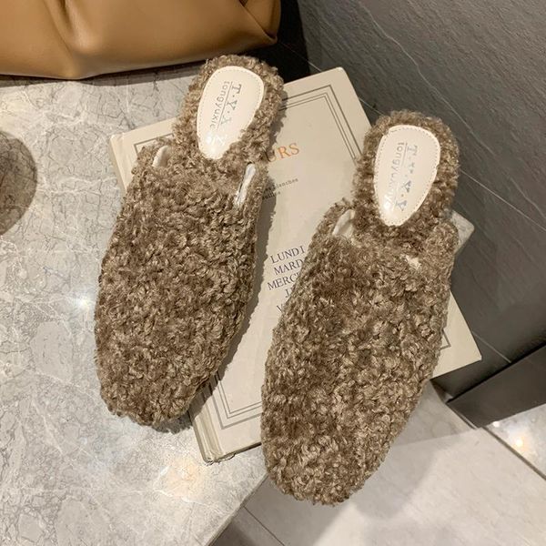 

furry slides mules shoes lambswool plush women slippers home flip flops fashion ladies woman female for, Black