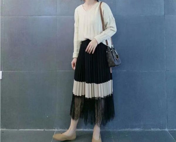 

skirts spring women lace patchwork vintage pleated elastic high waist faldas mujer ladies casual wear chic, Black
