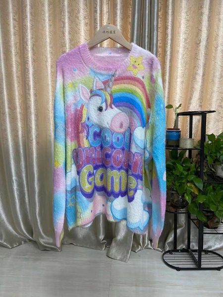 

autumn fashion color stamping unicorn rainbow sweater, White;black