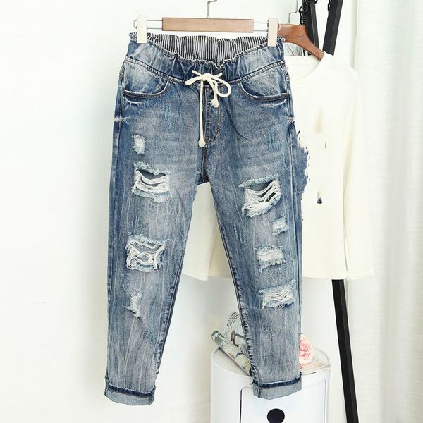 

fashion jeans women's denim pants high waist slim ripped holes washed cowboy trousers female ankle-length plus size, Blue