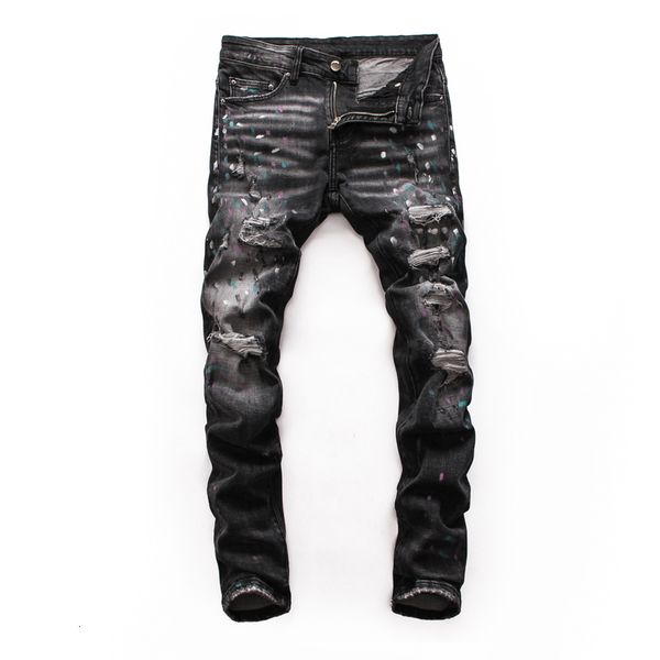

jeans high street fashion slim fit destroyed paint printed designer ripped men elastic hip hop jeans homme, Blue
