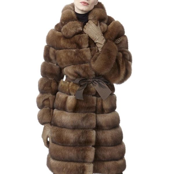 

women's fur & faux fashion long winter turn down collar coats women elegant tie belt jackets covered button striped ladies, Black