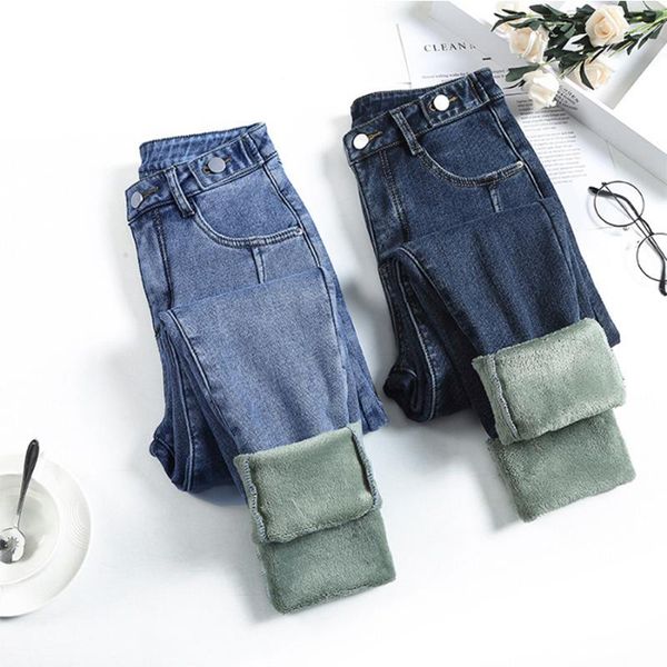 

women's jeans warm pants for women plus size winter blue light solid skinny fleeces thick pencil with velvet denim trousers