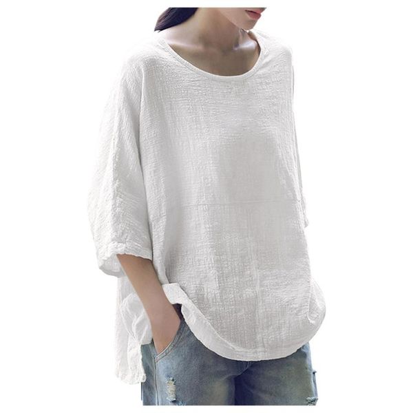 

women's t-shirt cotton linen t_shirts women solid color blend round neck three-quarter sleeve ladies casual loose t_shirt clothes, White