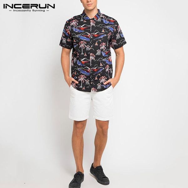 

men's casual shirts incerun men short sleeve turn down collar printed shirt summer hawaiian man fashion breathable blouse causal button, White;black