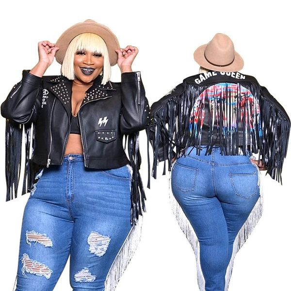 

women's leather & faux -selling street hip-hop pu printed rivet tassel joint personality in autumn 2021 plus size jacket, Black