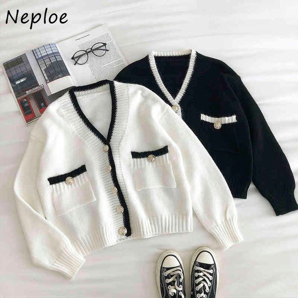 

neploe autumn winter korean fashion sweater v-neck chic button double pockets cardigan panelled patchwork knitted coat women 210423, White