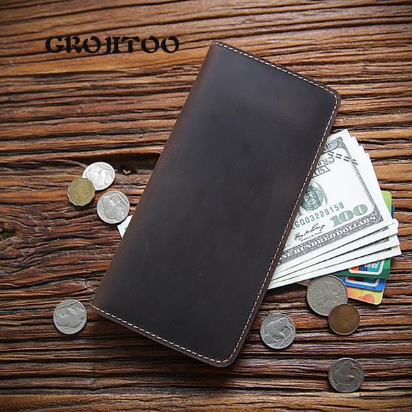 

wallets grojitoo crazy horse skin young men's long wallet ultra thin leather simple for men vintage cowhide purse, Red;black