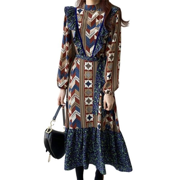 

fashion women's dress retro pattern printing strap stitching fungus long summer es for women 210520, Black;gray