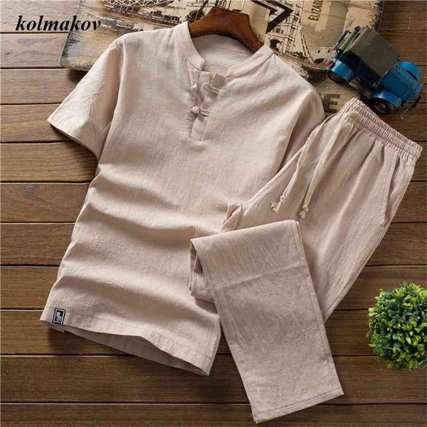 

(shirt + trousers) arrival summer style men cotton and linen shirts fashion casual solid men's cropped pants 210626, White;black