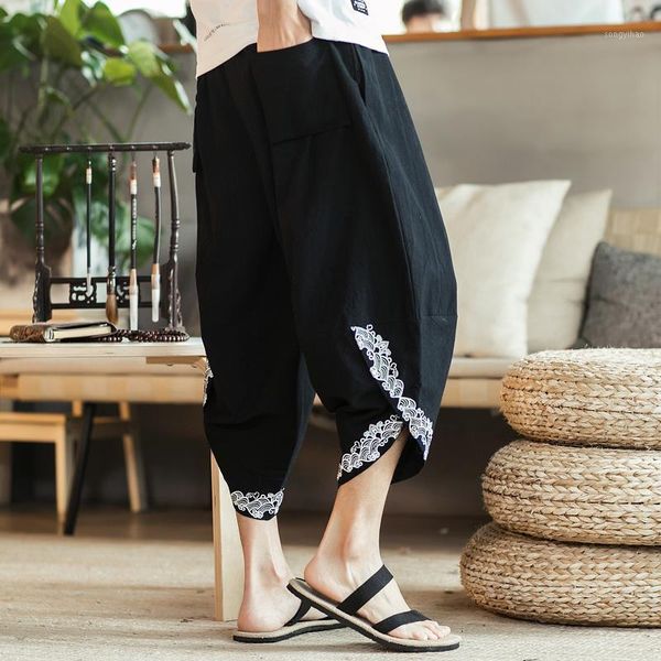

men's pants summer knickerbockers cotton wide leg small foot loose size chinese style seven point beach harlan casual shorts, Black