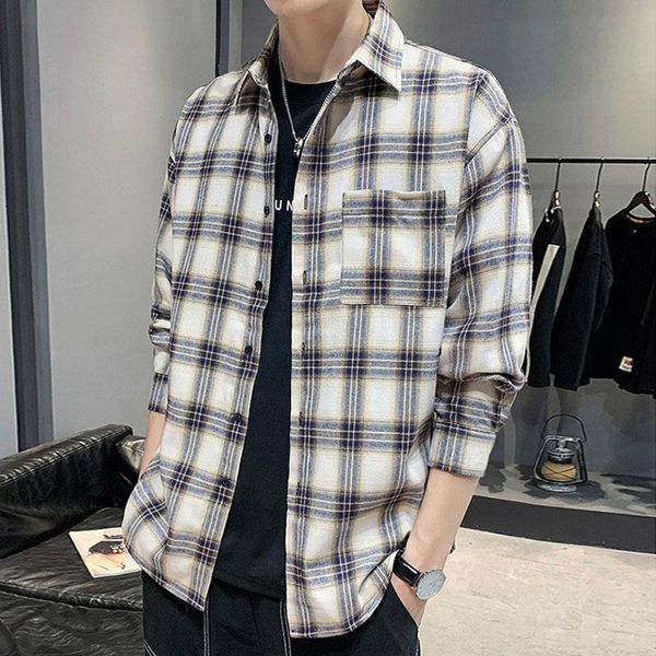 

homme cotton male check shirts autumn men's fashion plaid long-sleeved shirt button casual plus size, White;black