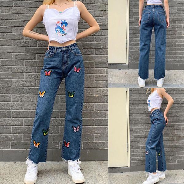 

jeans women fashion jungfrau style high waist pants ladies slim butterfly embroidered straight vaqueros mujer 2021 women's, Blue