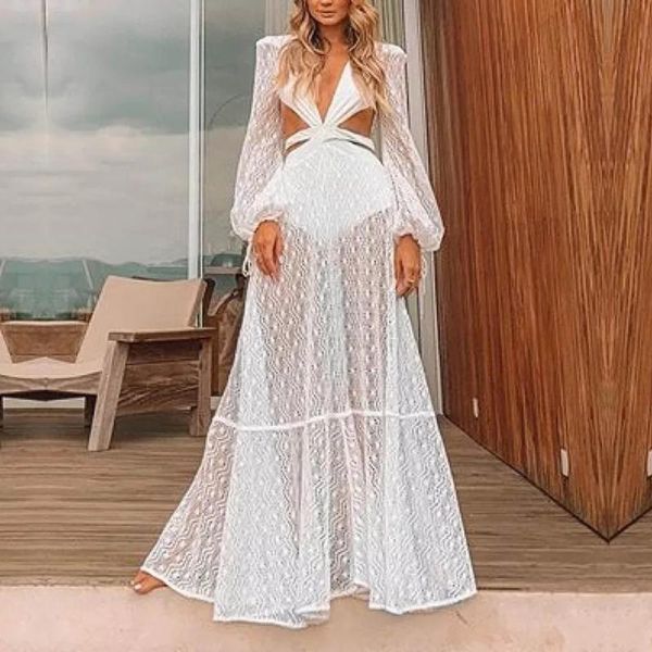 

casual dresses townlike deep v mesh perspective dress women white elegant summer hollow out long sleeve club party, Black;gray