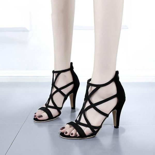 

leather women sandals 2021 summer stiletto high heels cross straps simple shoes gladiator black zapatos plus size 35-42
